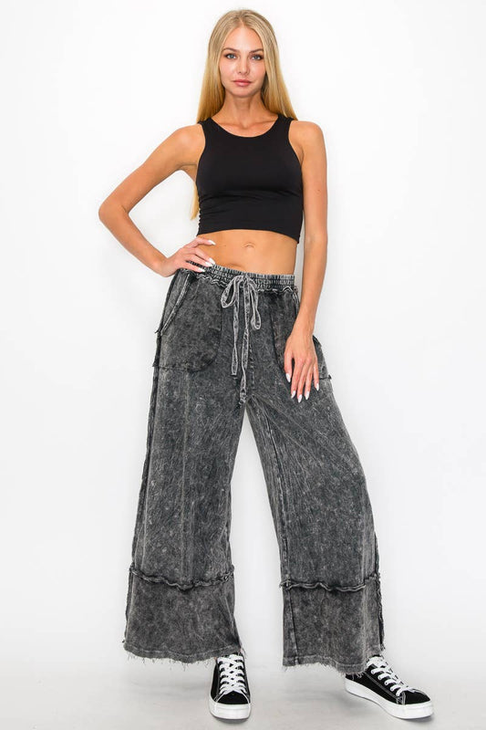 JH1219 Wide Pants with raw hem frayed details HP5536