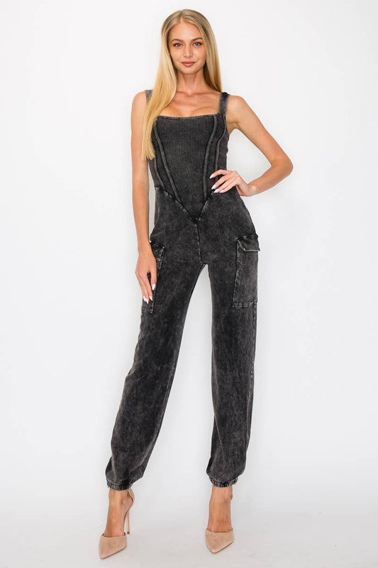 JH0405 Mineral Washed Cargo Style Jumpsuit GD3837