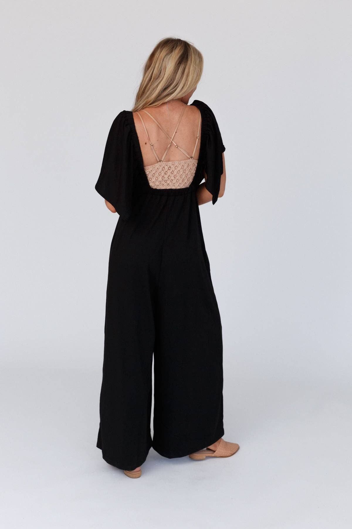 3BR2 On Repeat Open Back Ruffle Jumpsuit - Black