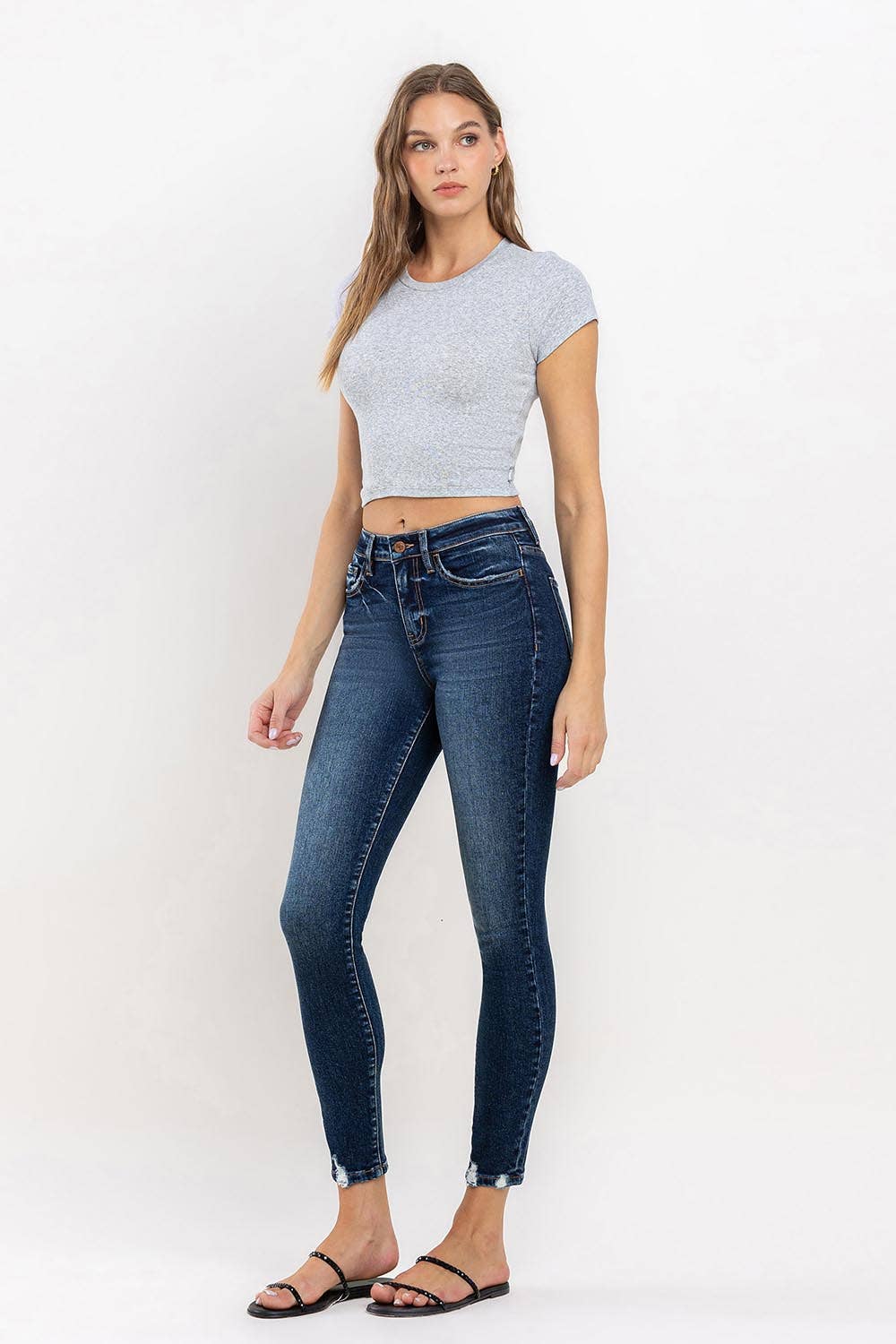 HIGH RISE DISTRESSED HEM ANKLE SKINNY JEAN T6154