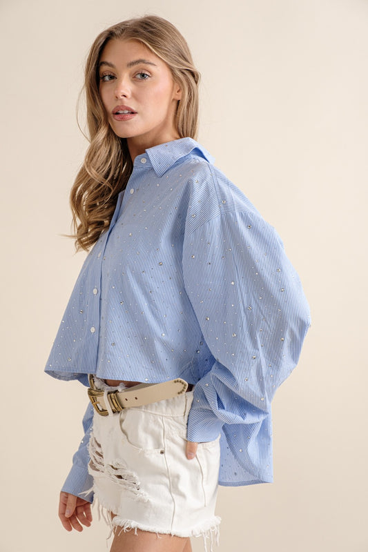 Pinstripe Poplin Rhinestone Crop Shirt