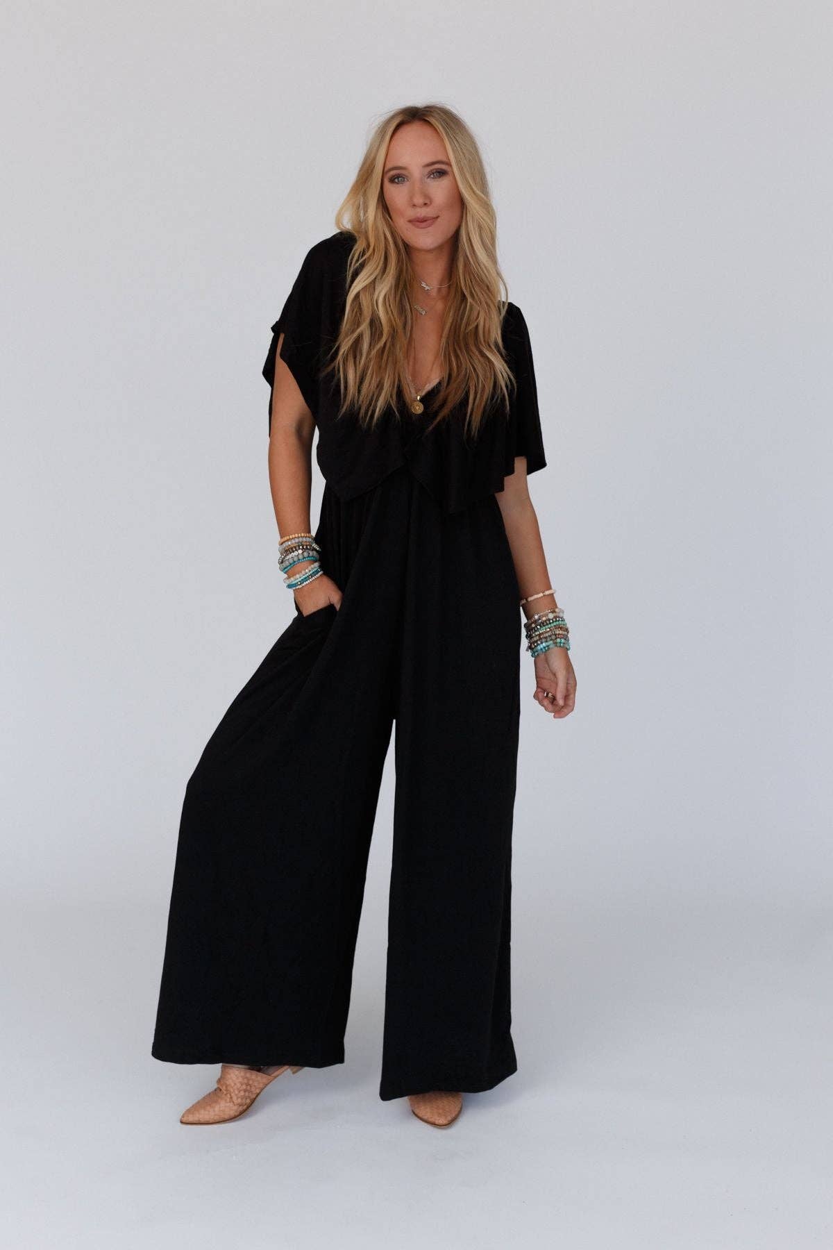 3BR2 On Repeat Open Back Ruffle Jumpsuit - Black