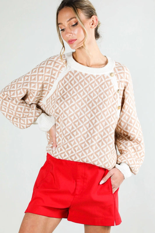 T Button detail patterned sweater top