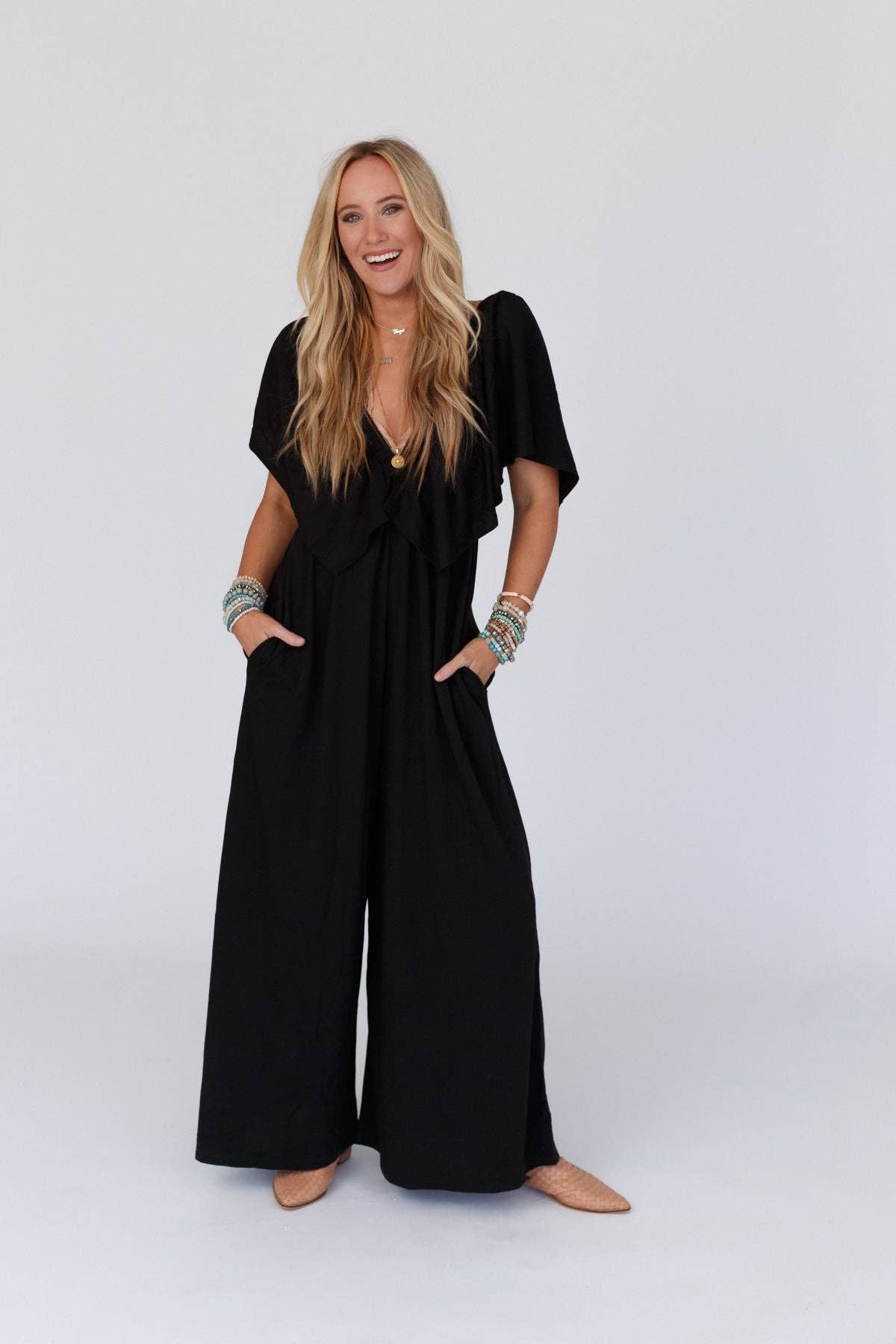 3BR2 On Repeat Open Back Ruffle Jumpsuit - Black