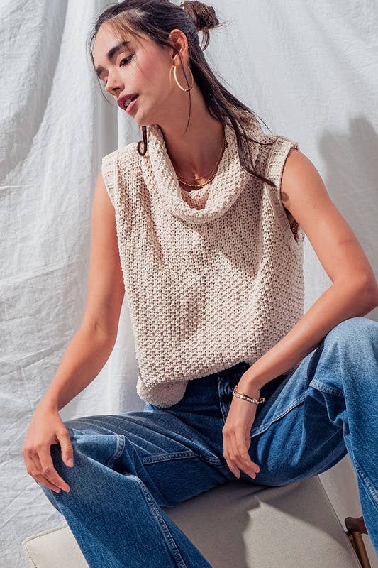 SLEEVELESS COWL NECKLINE CROCHET TOP