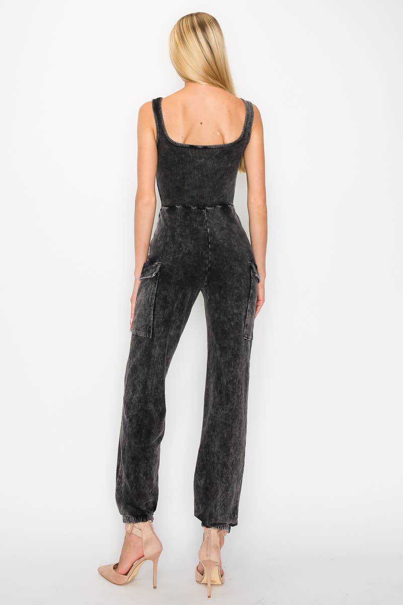 JH0405 Mineral Washed Cargo Style Jumpsuit GD3837