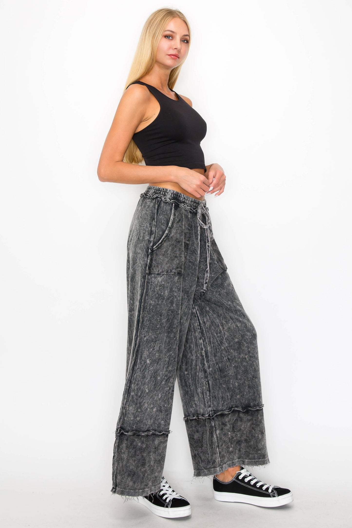 JH1219 Wide Pants with raw hem frayed details HP5536