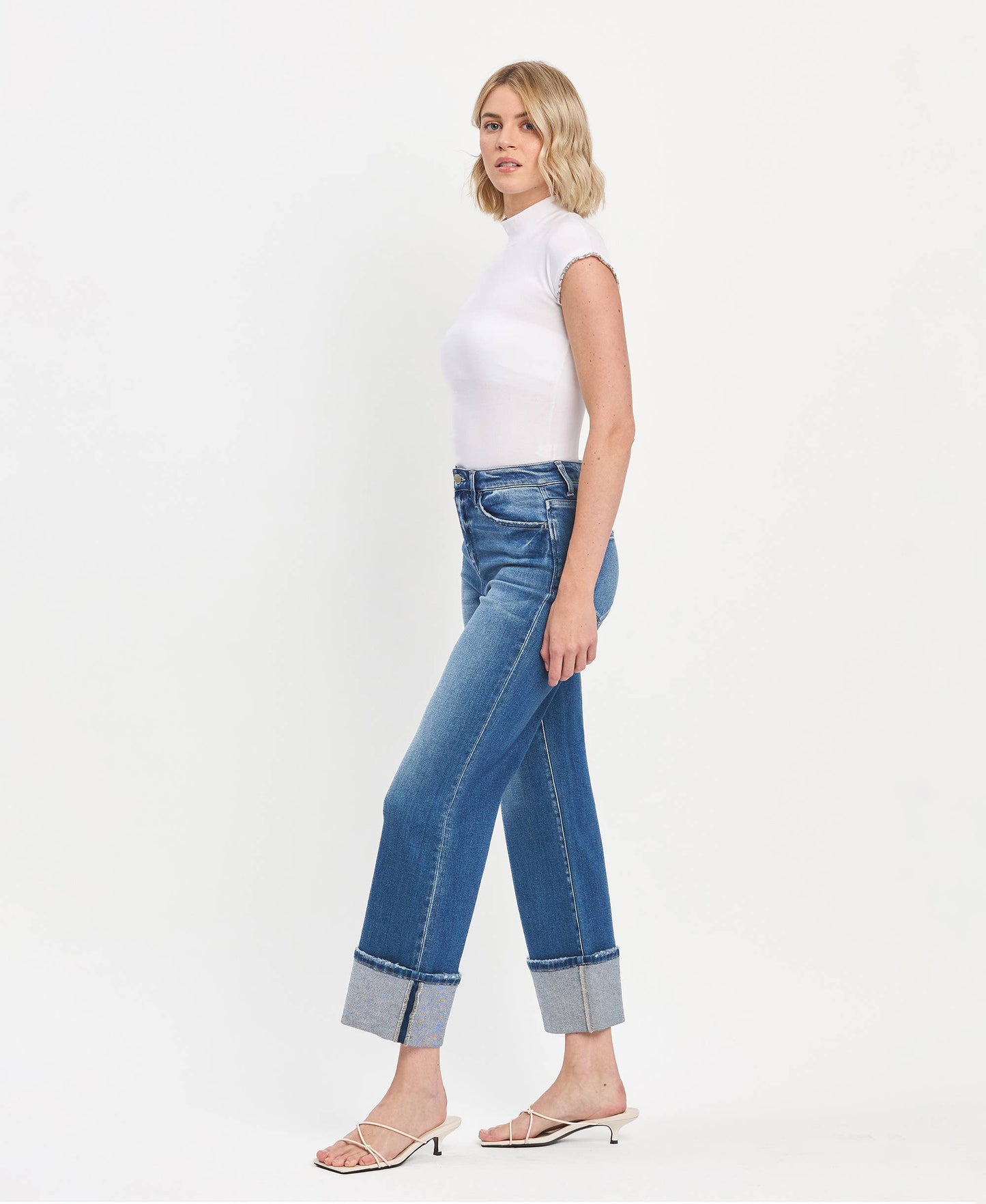 FM123 90'S VINTAGE SUPER HIGH RISE CUFFED FLARE JEANS F5827