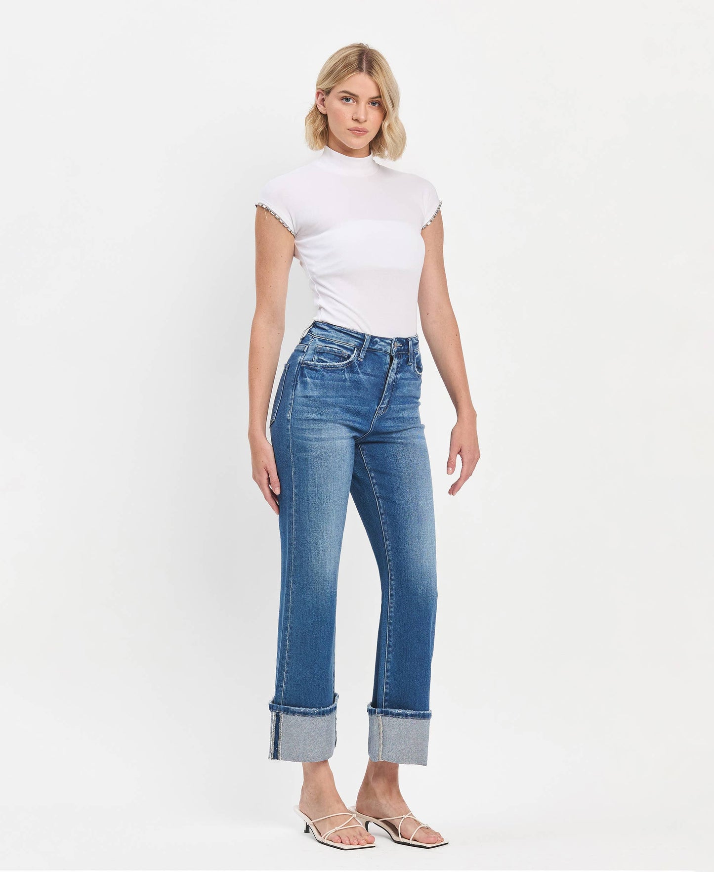 FM123 90'S VINTAGE SUPER HIGH RISE CUFFED FLARE JEANS F5827