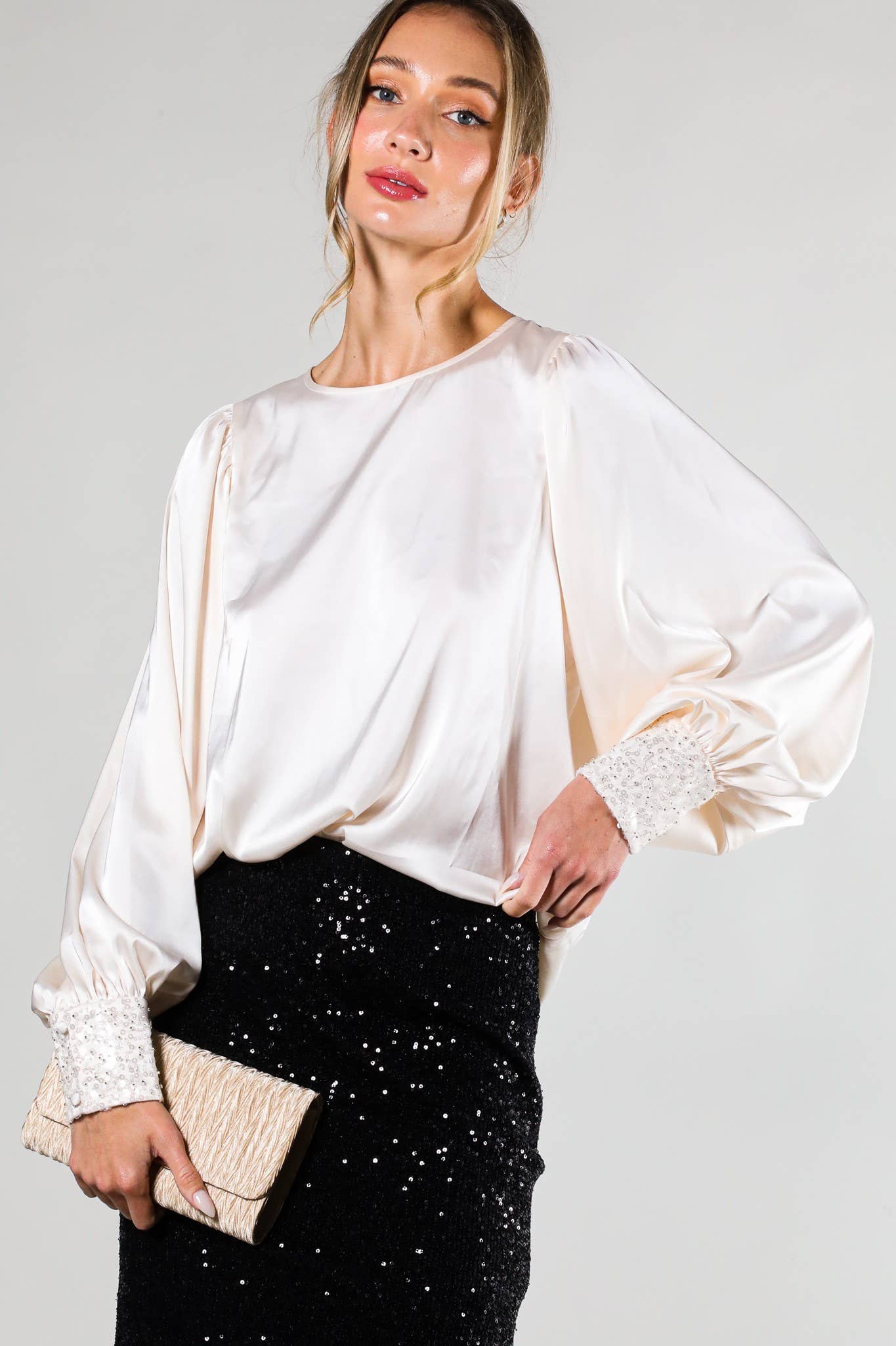 Sequin cuff detail satin blouse top VT81259