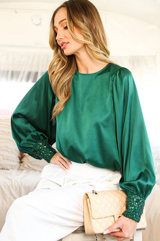 Sequin cuff detail satin blouse top VT81259