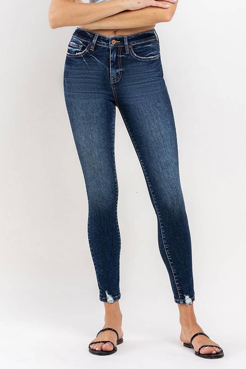 HIGH RISE DISTRESSED HEM ANKLE SKINNY JEAN T6154