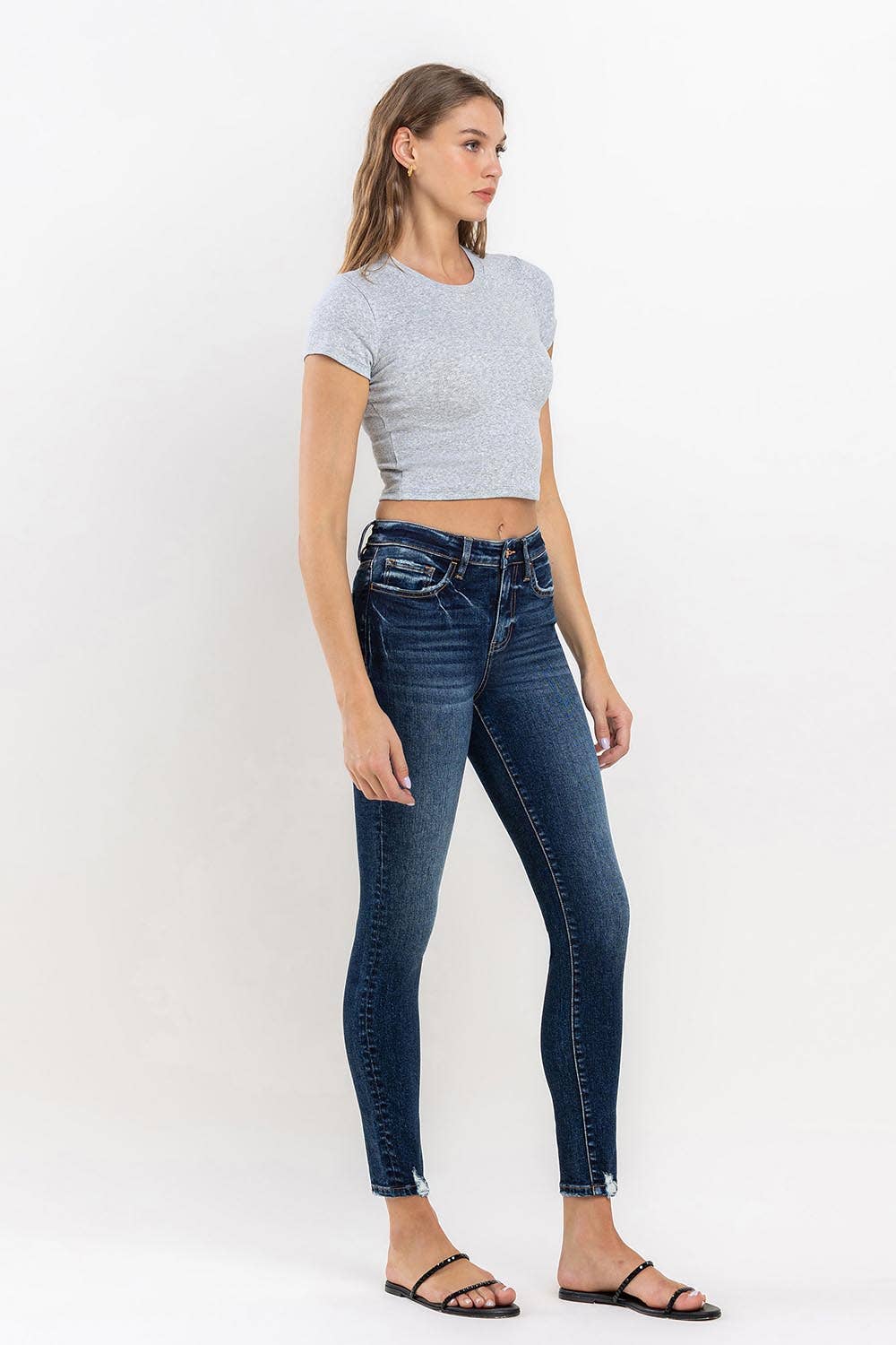 HIGH RISE DISTRESSED HEM ANKLE SKINNY JEAN T6154