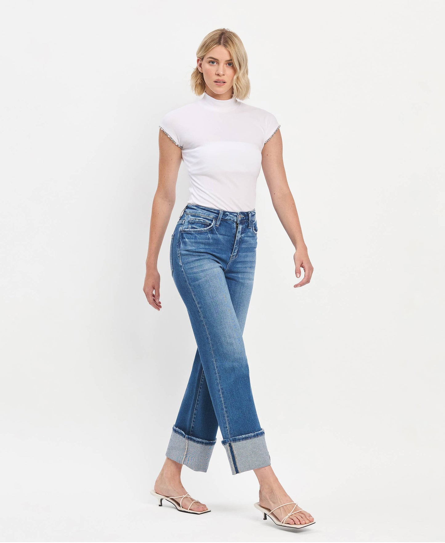 FM123 90'S VINTAGE SUPER HIGH RISE CUFFED FLARE JEANS F5827