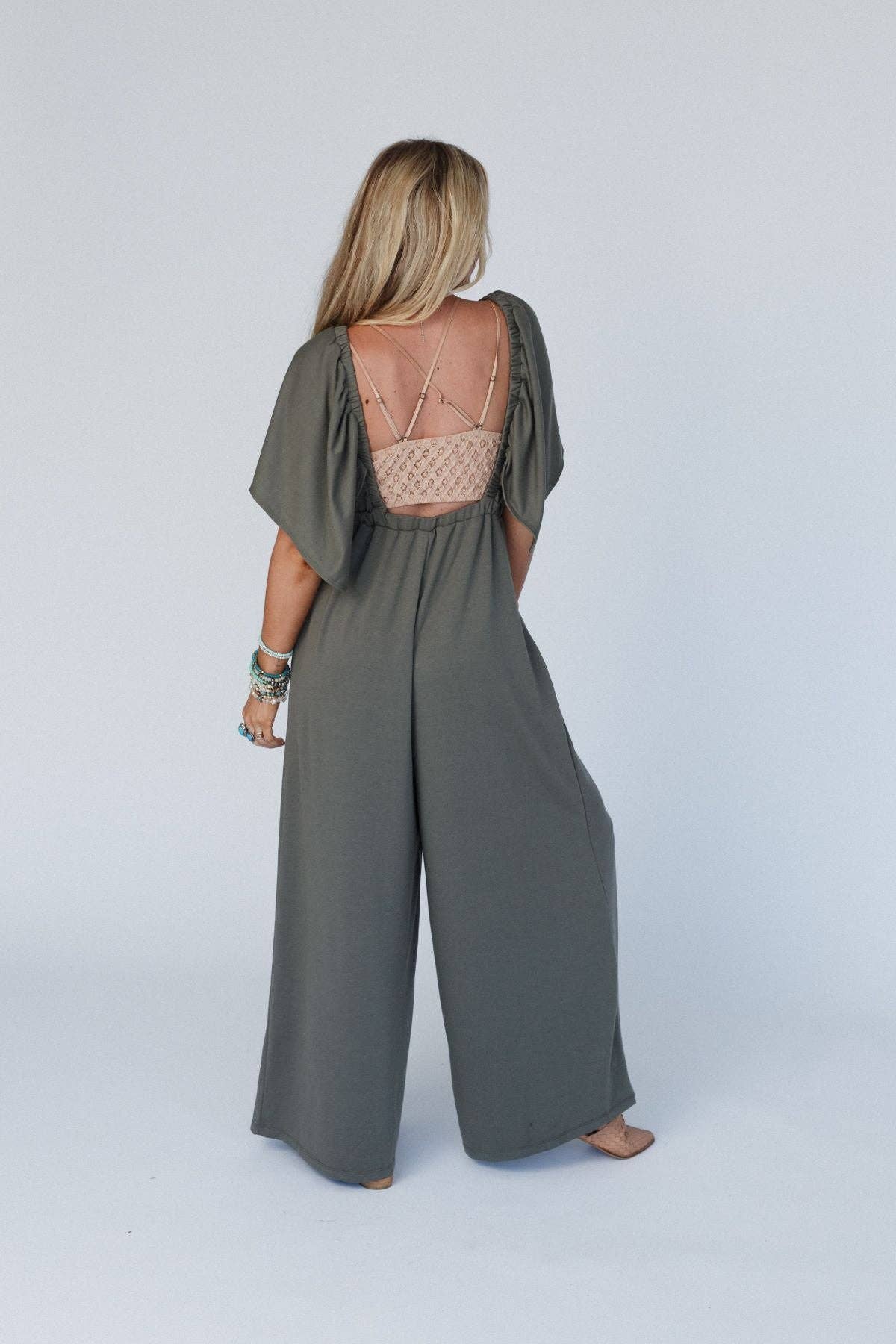 3B06On Repeat Open Back Ruffle Jumpsuit - Light Olive