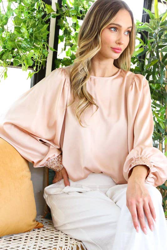 Sequin cuff detail satin blouse top VT81259