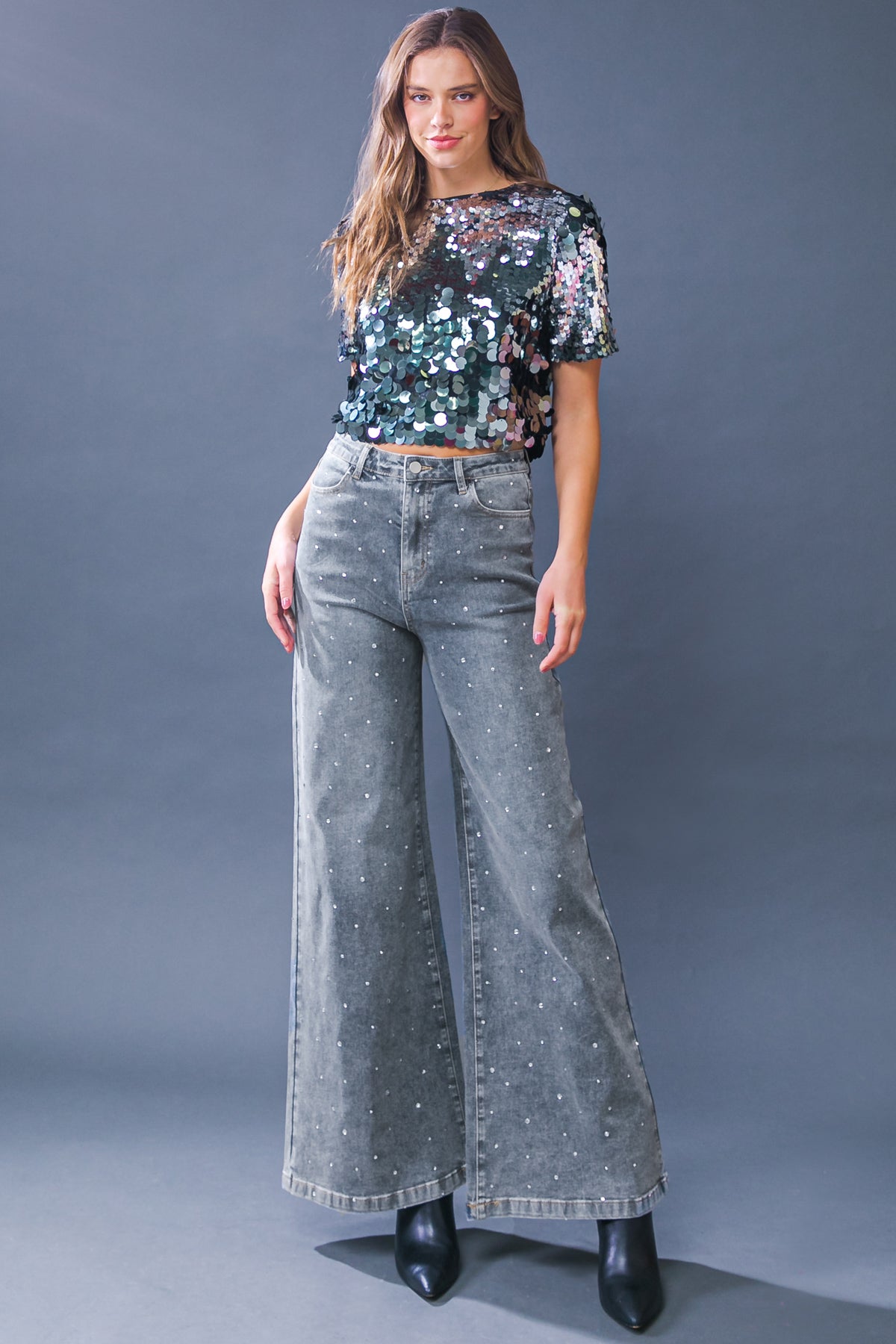 FT919 Embellished washed Denim Pant