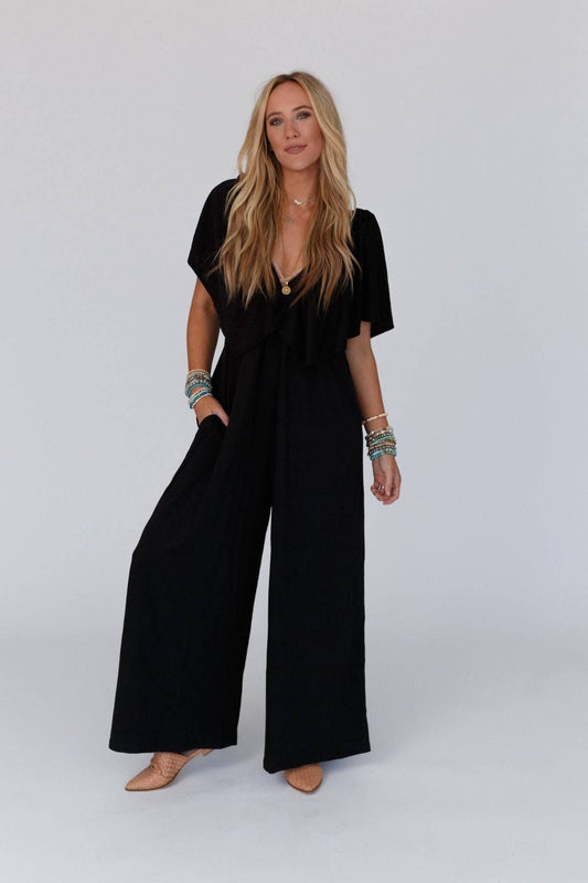 3BR2 On Repeat Open Back Ruffle Jumpsuit - Black